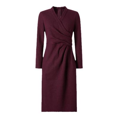 IMM尹默女装秋冬美利奴羊毛安可拉红收腰连衣裙扭结捏褶气质长裙