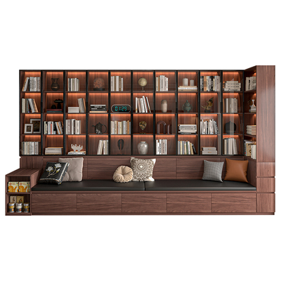 中古风实木满墙书柜卡座一体展柜