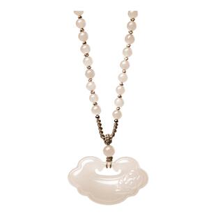 金玉良缘藕粉项链【步步生莲】莲花如意锁珍珠吊坠和田玉长命锁