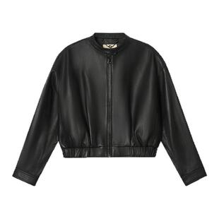 诗篇专选复古翻领松紧腰经典黑色机车单皮夹克女皮衣外套