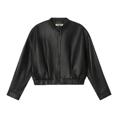 【机车单皮】诗篇专选复古翻领松紧腰经典黑色夹克设计感女装皮衣