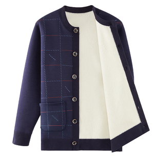 男士开衫羊羔绒保暖上衣可外穿中老年人加绒加厚秋衣宽松加大单衣