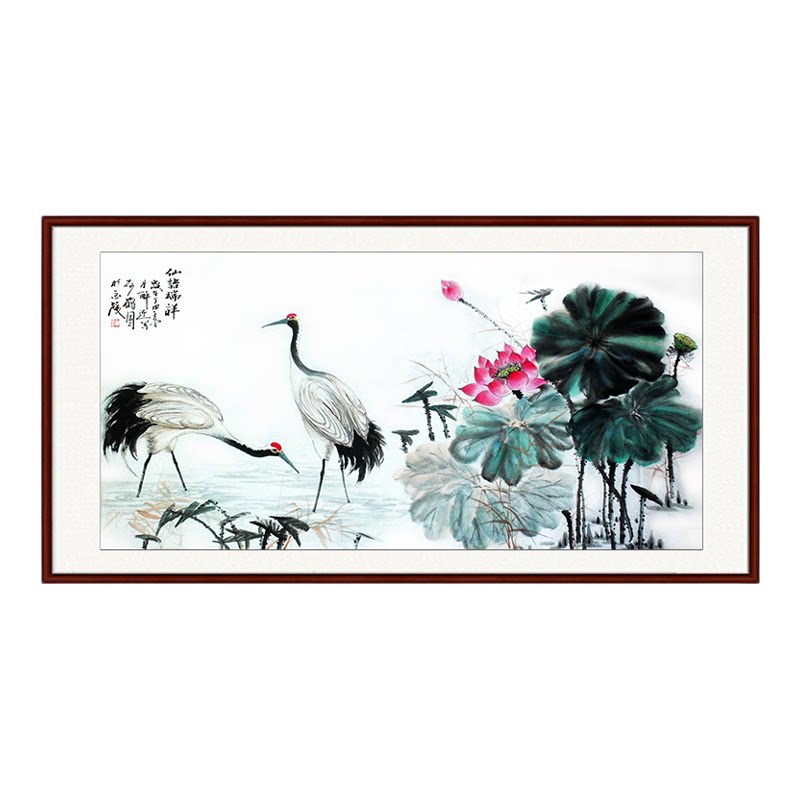 手绘真迹专业字画荷花仙鹤荷鹤图