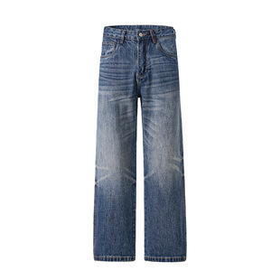 美式复古扎花水洗高街牛仔裤男士潮牌原牛直筒宽松痞帅休闲长裤子