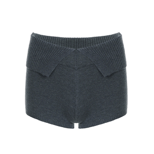 H家欧美女装 美式简约高级感翻边腰头针织短裤女秋冬灰色毛织热裤