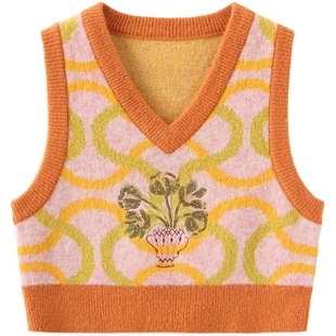 tanni新款复古撞色螺纹设计感v领短款针织背心TM31KN068A