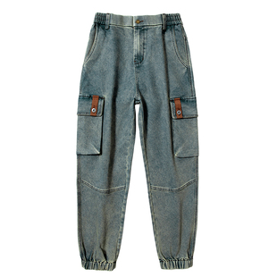 欧美复古潮牌工装牛仔裤男秋冬新品潮牌痞帅宽松束脚重磅哈伦裤子