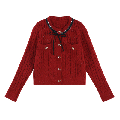 新年红色小香风短款毛衣外套