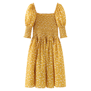 画风家drawwind闺蜜款碎花连衣裙复古方领泡泡袖a字修身显瘦长裙