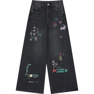 妖精的口袋手绘涂鸦印花加绒牛仔裤女2025年冬季新款显瘦阔腿裤子