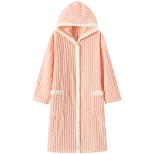 成人女连帽浴袍吸水速干非纯棉全棉春秋冬加长厚睡袍可穿洗澡浴衣