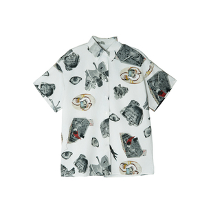 谜底花色衬衫短袖女2025夏新款复古老钱风原创印花衬衣256MC6701
