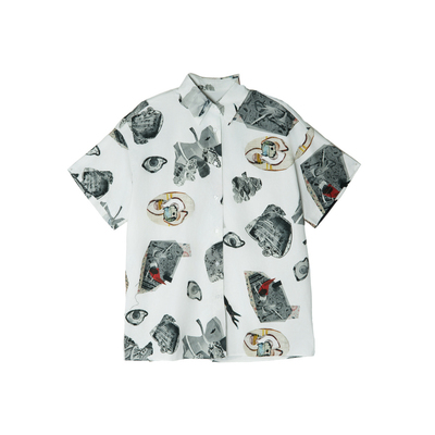 谜底花色衬衫短袖女2025夏新款复古老钱风原创印花衬衣256MC6701