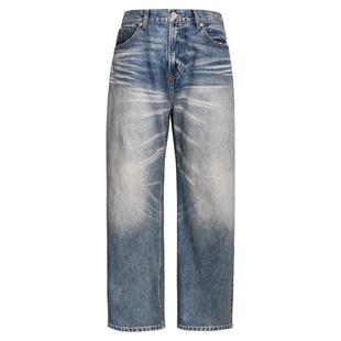 LEONSENSE力上司 重磅做旧水洗雪花猫须时髦微喇直筒牛仔长裤中性