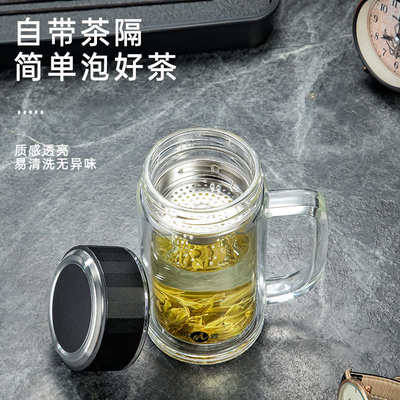 双层玻璃杯2025新款男士商务带把手水杯办公室茶杯耐高温带盖杯子