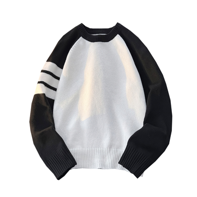 圆领套头毛衣高级感男生冬季三条杠撞色拼接插肩针织衫保暖内搭潮