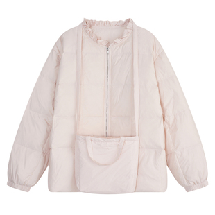 YUZI甜美风羽绒服外套白鸭绒圆领木耳边宽松简约大码女装送小包