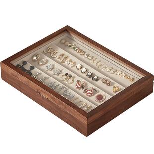 木质珠宝首饰耳饰收纳盒耳钉耳环收纳盒复古可视带盖玻璃展示盒子