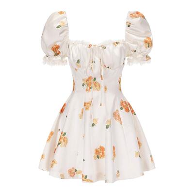 泡泡袖连衣裙女蕾丝花边印花裙