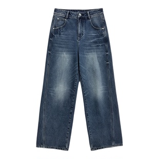 Mardi韩系复古做旧直筒牛仔裤子25秋冬新款刺绣阔腿弯刀休闲长裤