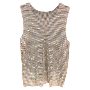 水钻网眼背心青年男神亮钻上衣镂空烫钻闪闪男士性感透明无袖T恤