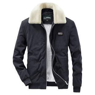 灯芯绒棉衣男加绒加厚冬装外套保暖毛领短款棉服翻领条绒棉袄子潮