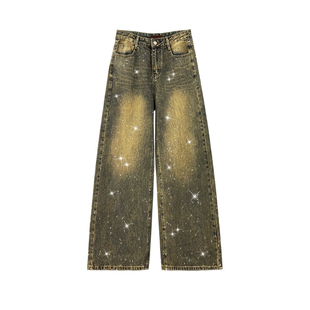 闪亮烫钻设计做旧休闲牛仔裤女冬新款高腰宽松显瘦百搭直筒阔腿裤