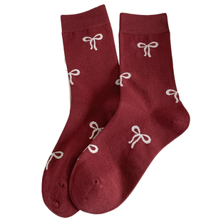 不会丢的袜子爱心蝴蝶结中筒袜女纯棉安可拉红配乐福鞋春秋款长袜