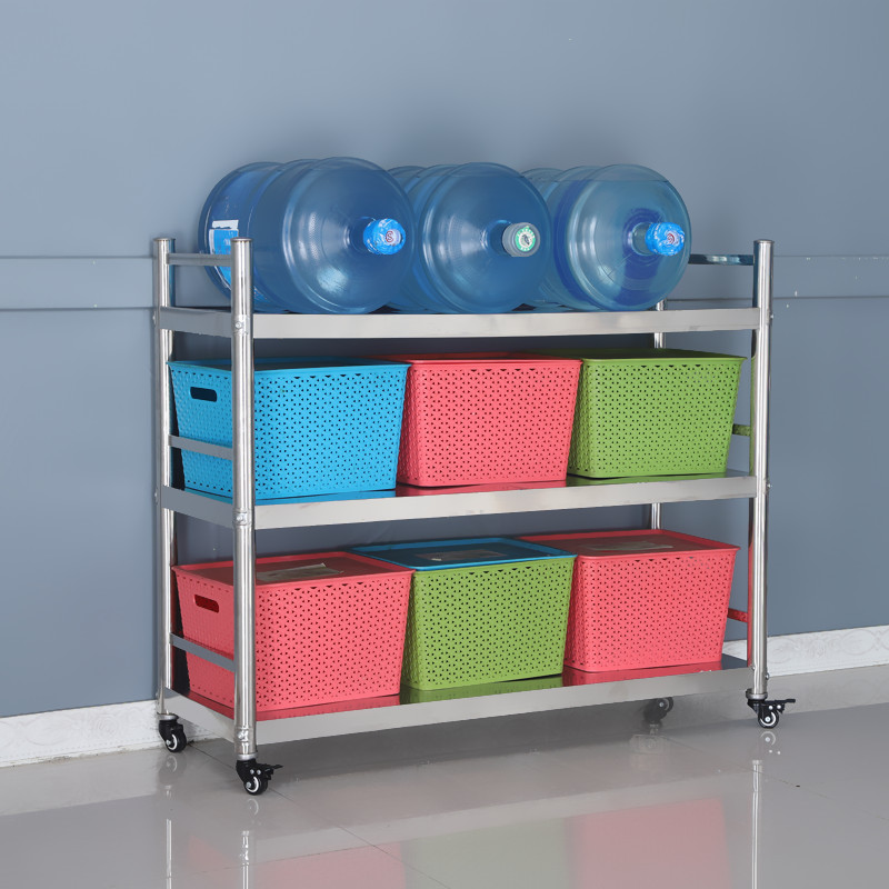 可移动置物架厨房不锈钢带围栏微波炉烤箱架子三层落地锅架带轮子