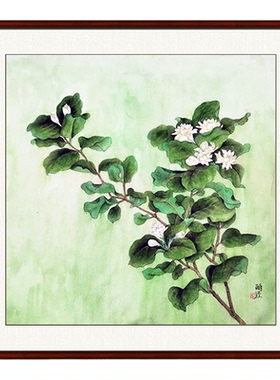 纯手绘工笔绿茉莉斗方国画茉莉