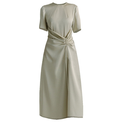 大码连衣裙系带收褶长裙时髦显瘦