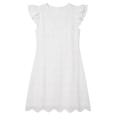 Short sleeved solid color hollow out dress短袖纯色镂空连衣裙