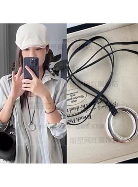 美洋同款项链几何圆环吊坠项链设计感黑皮绳可调节长度锁骨链