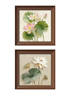 荷花卧室床头挂画2026新款中古风主卧房间装饰画餐厅油画壁画高级
