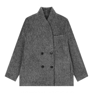 南北贝'双排扣西装'灰色毛呢外套女冬季羊毛加厚保暖极简风高级感