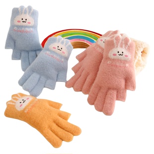 儿童手套女童露二指冬季保暖五指男童初中小学生写字做作业防冻手