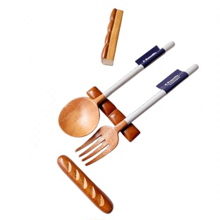 现货日本进口天然实木可爱森系田园风餐具木勺木叉木筷子架餐垫