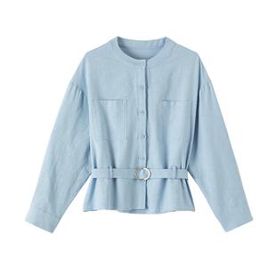 晚白2026年春新款时尚法式简洁立领棉麻上衣干练利落设计感衬衫女