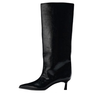 ZA2025秋冬新款尖头西部牛仔靴小猫跟高筒骑士靴英伦风不过膝长靴