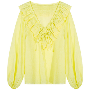 落落狷介 衬衫女款2026年新款春装长袖苎麻宽松小个子上衣小众V领