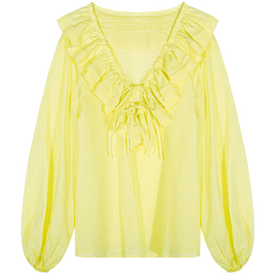 落落狷介黄色长袖苎麻衬衫女