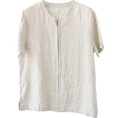 100%纯亚麻透气门筒领短袖衬衫潮