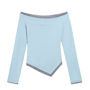 MULVAN 【现货6折】撞色一字肩长袖t恤女不规则修身露肩锁骨上衣