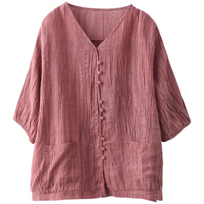 宽松复古单排扣苎麻褶皱衬衫