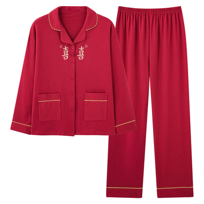 雅鹿春秋红色纯棉结婚情侣睡衣