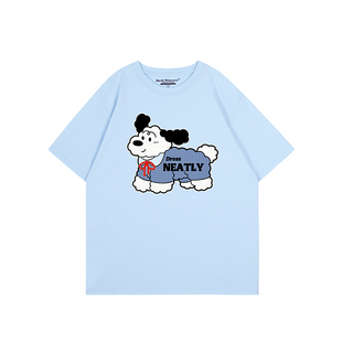 小众学院风卡通小狗印花藏蓝色短袖t恤女oversize宽松显白上衣潮