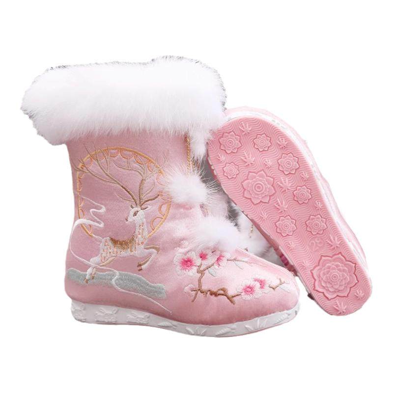 儿童靴冬女童汉服鞋中国风宝宝绣花雪地靴新年公主拜年靴加绒古装