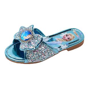 爱莎公主室内家居拖鞋带亮片女孩软底亮晶晶冰雪奇缘艾沙女凉拖鞋