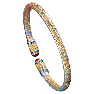 999足银滴油描金唐草花内心经款手镯 女款纯银圆条开口镯子送妈妈