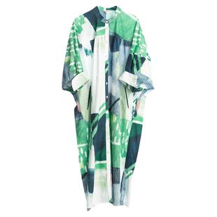 方寸原创设计高级感新款中袖小立领连衣裙女文艺范宽松花色长裙